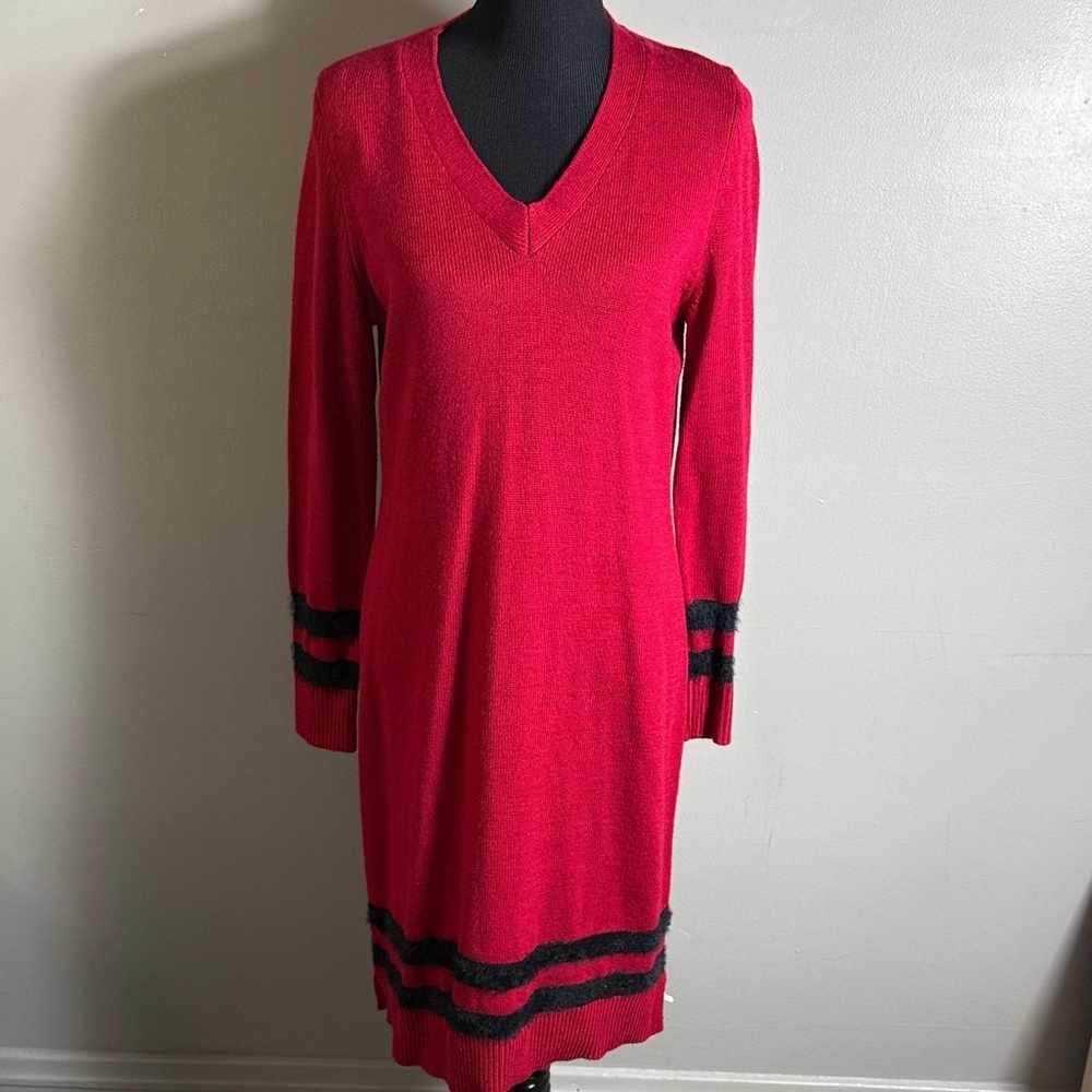 Calvin Klein Red V-Neck Long Sleeve Sweater Dress Black Stripes Sz L
